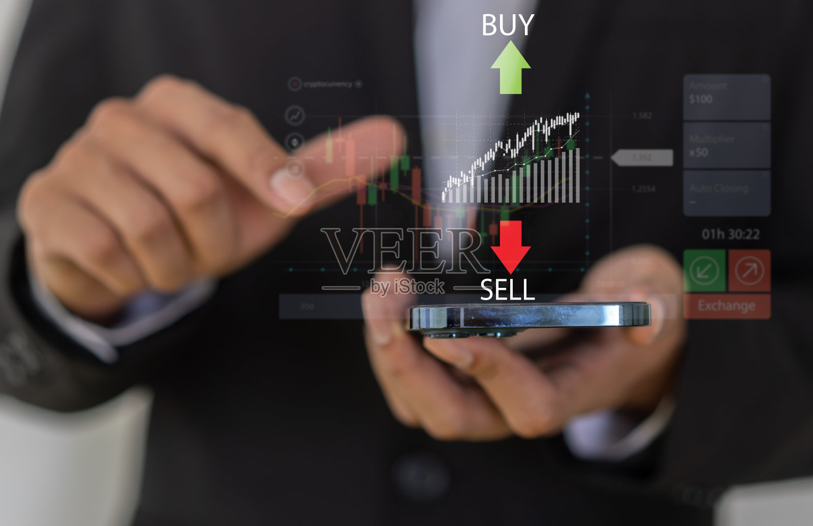 交易者成功使用电话交易股票交易所图币、全球经济、交易者投资者、区块链股票市场加密货币买卖图币和价格图表数据图照片摄影图片