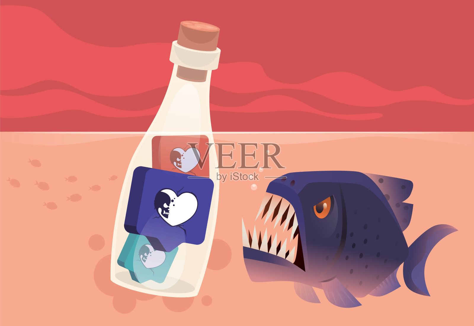 头骨与类似的图标在瓶子漂浮与愤怒的鱼插画图片素材