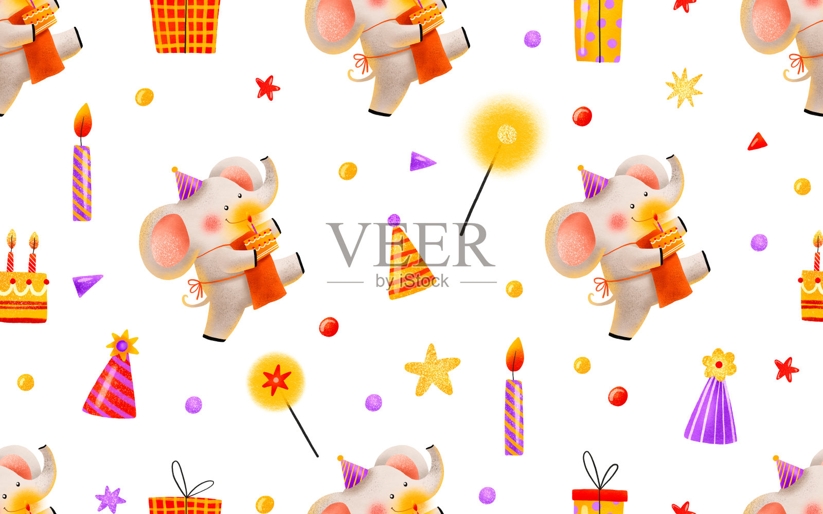 无缝图案的大象为孩子们的假期。小象拿着一个蛋糕。卡通节日生日背景与蛋糕和礼物。孩子们手绘的生日背景插画图片素材