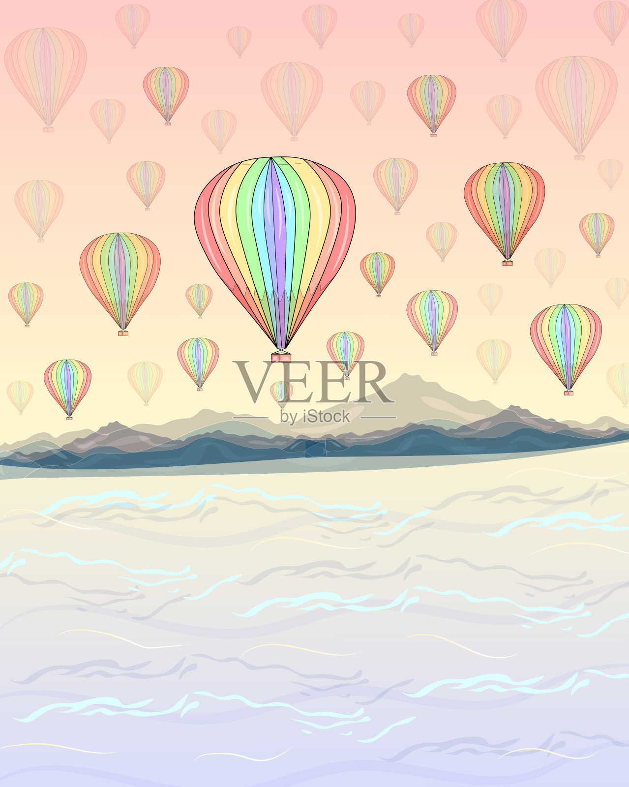 无缝彩色热气球图案。气球无缝矢量设计。美丽的矢量无缝图案与水彩手绘复古复古气球。适用于卡片、包装礼品用纸。插画图片素材