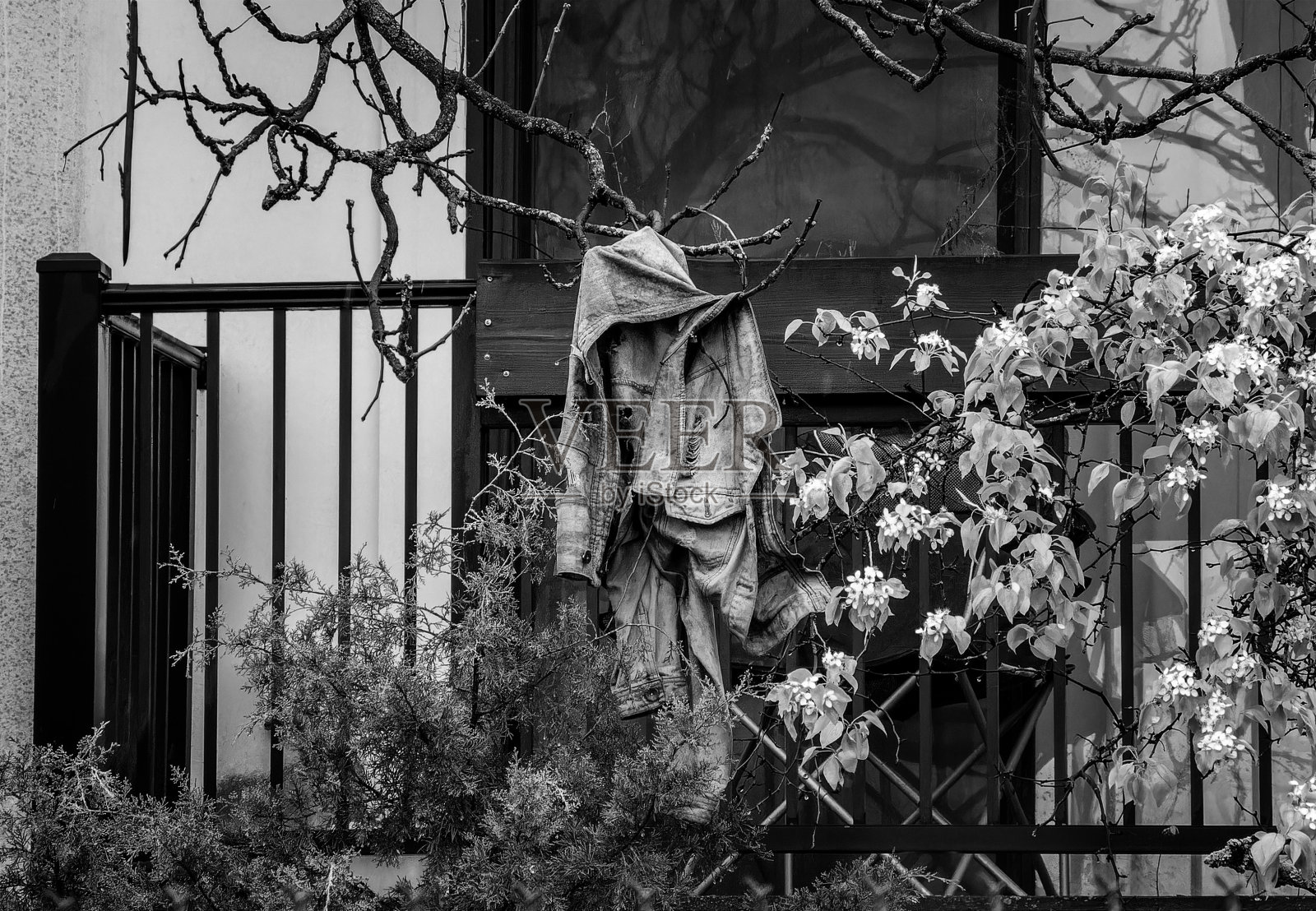 把人吊在阳台上照片摄影图片