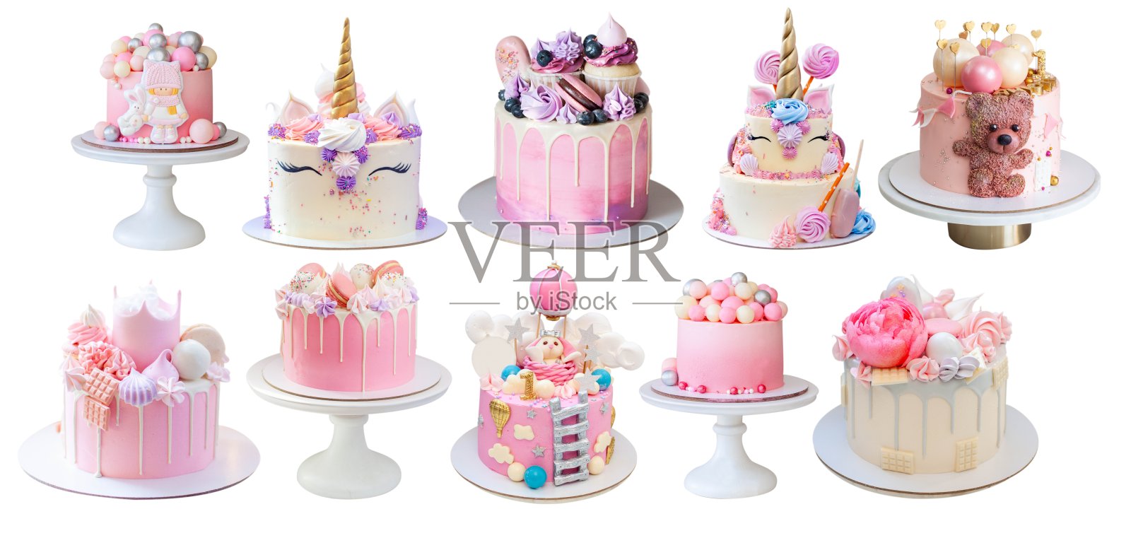 终极一套不同的美丽粉彩现代蛋糕。美味和柔软的甜点，适合任何场合。PNG，复制空间照片摄影图片