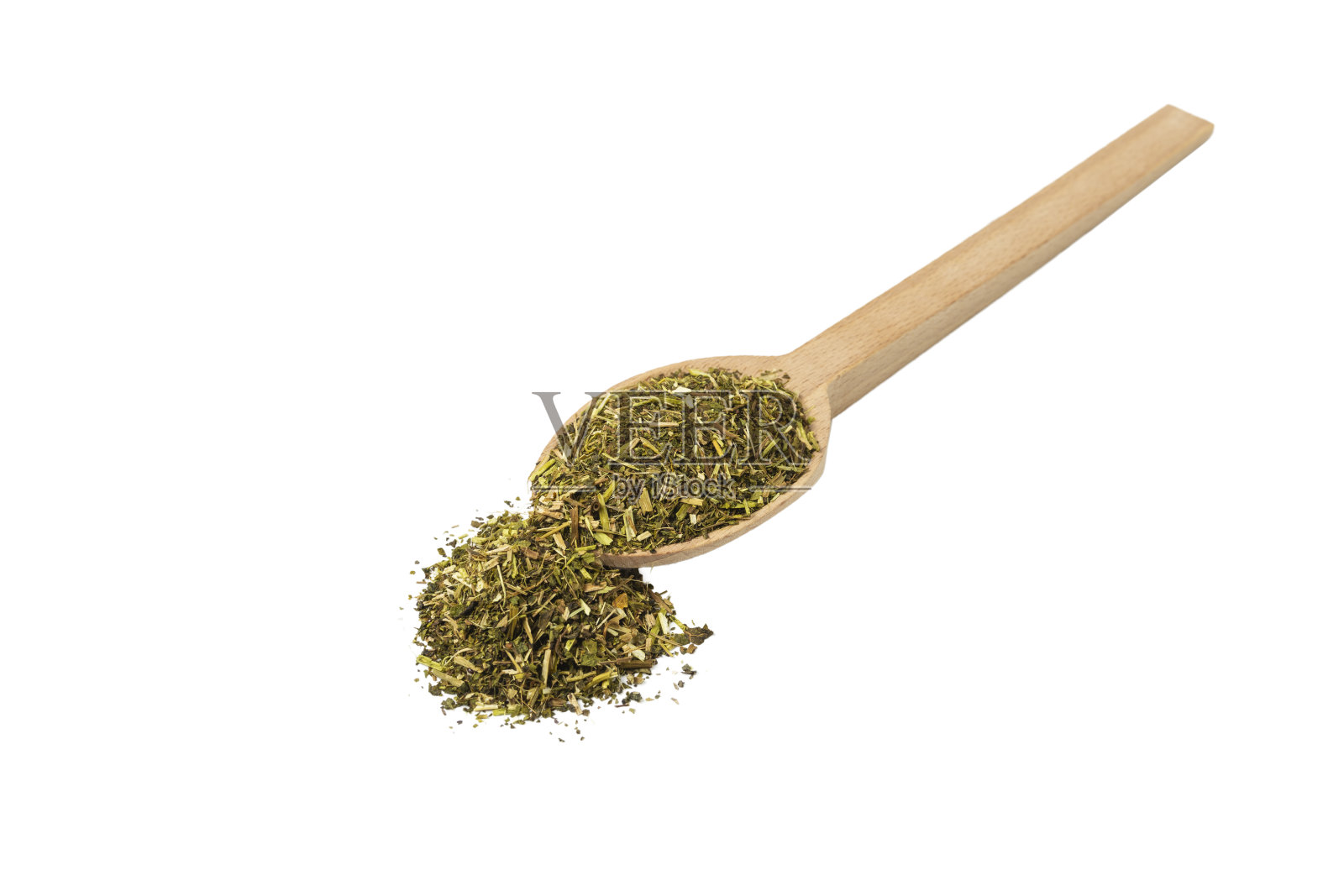 拉丁的西番莲属草本植物——木勺上的西番莲，孤立在白色背景上。草本植物。替代医学。照片摄影图片