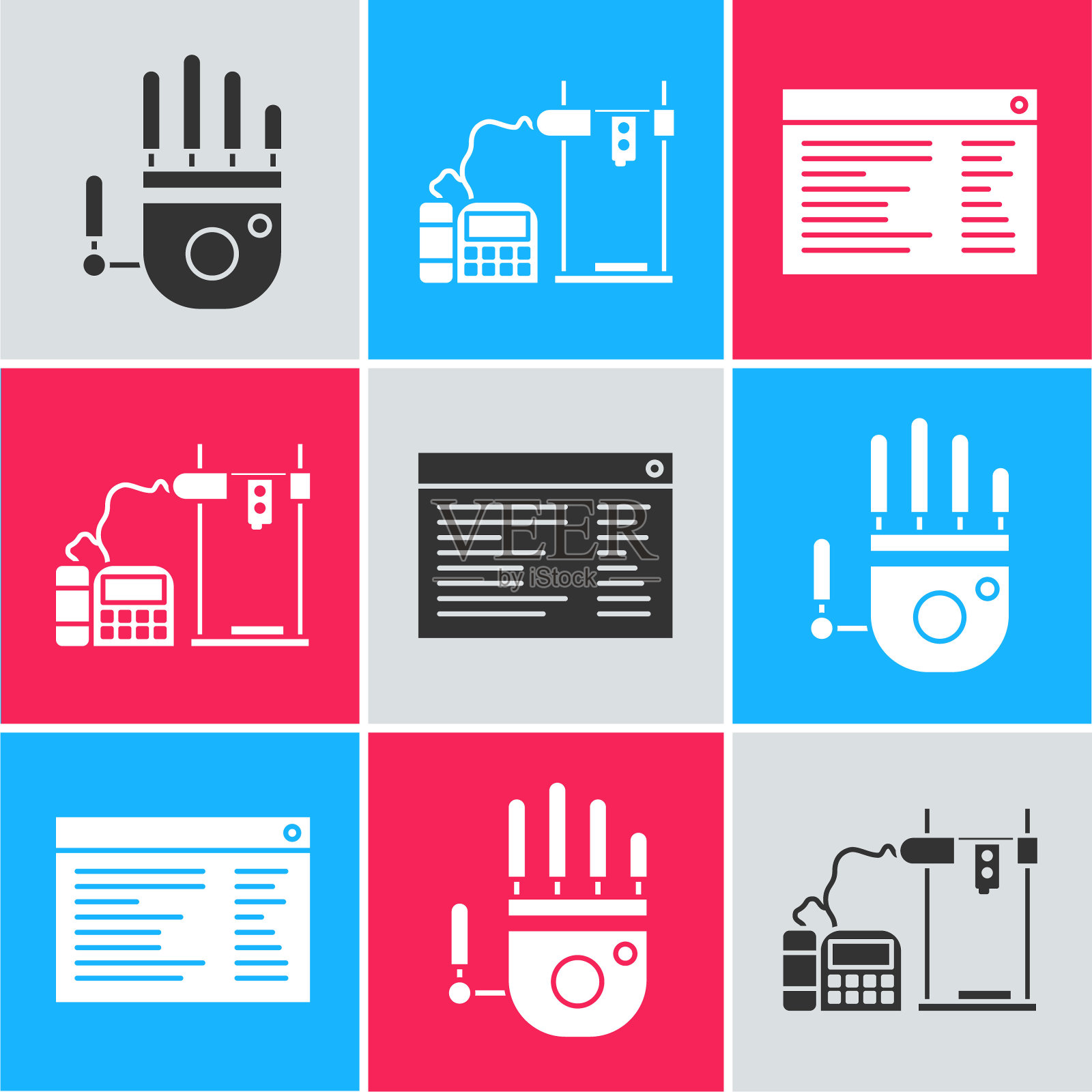 集机械机械手，3D打印机和软件，网页开发人员编程代码图标。向量插画图片素材