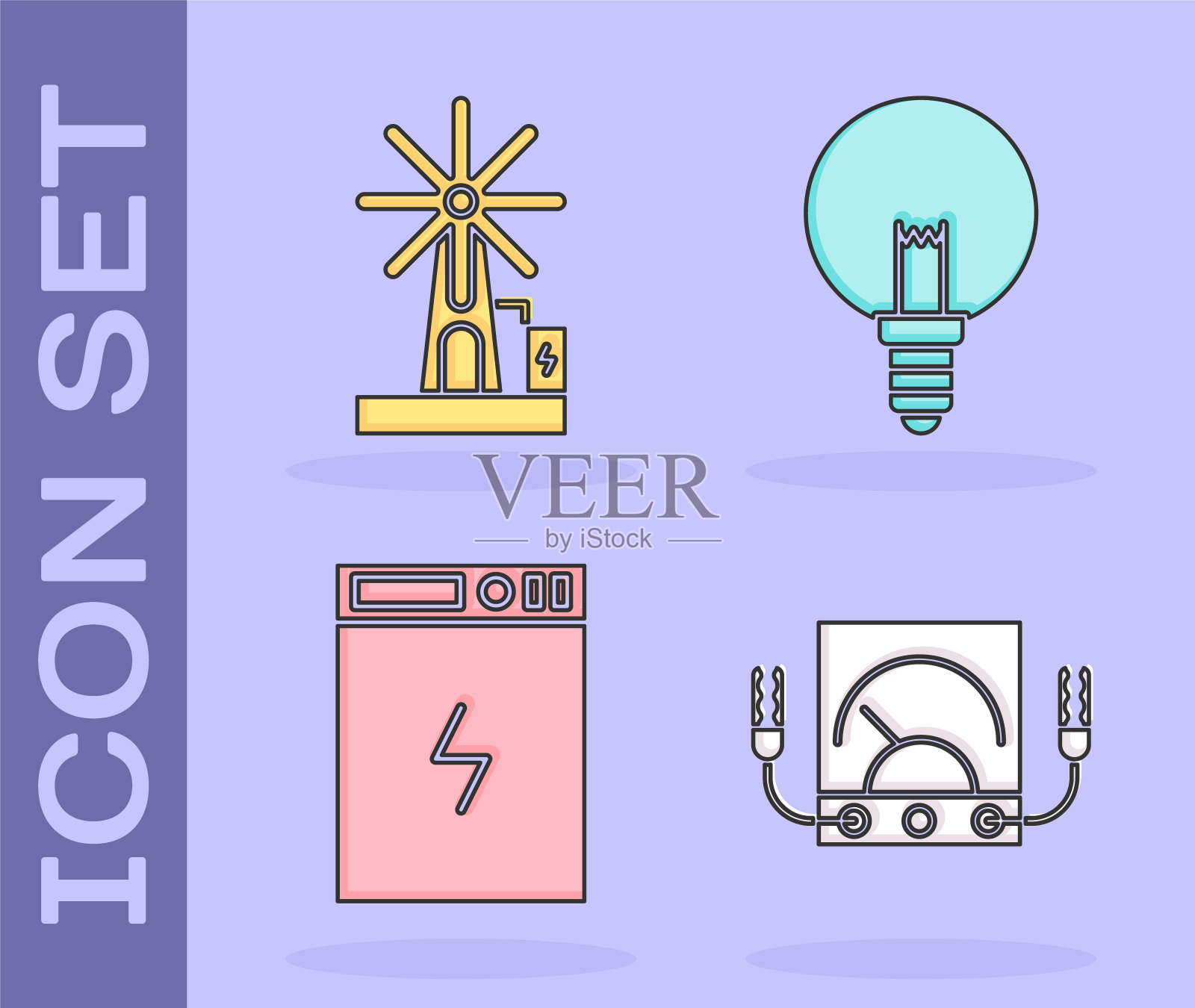 设置安培表，万用表，电压表，风力涡轮机，电源和灯泡图标。向量插画图片素材