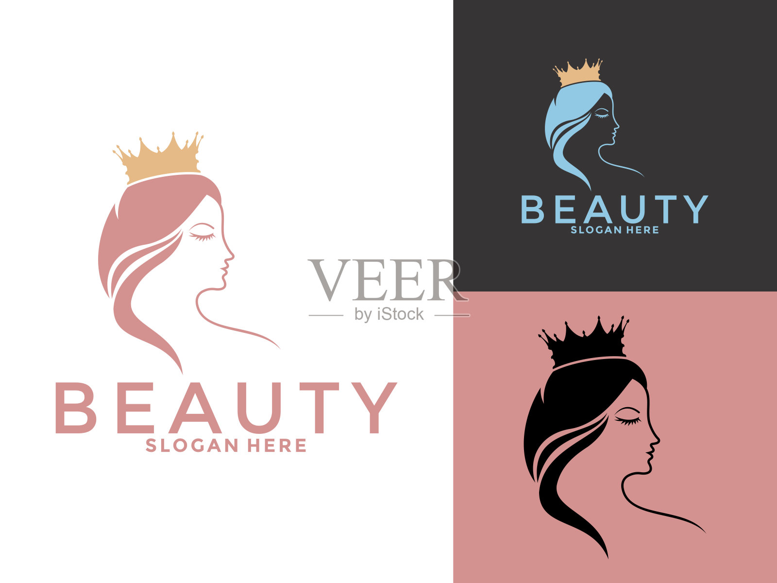 美女与皇冠标志设计灵感，女性化的女人标志矢量模板插画图片素材