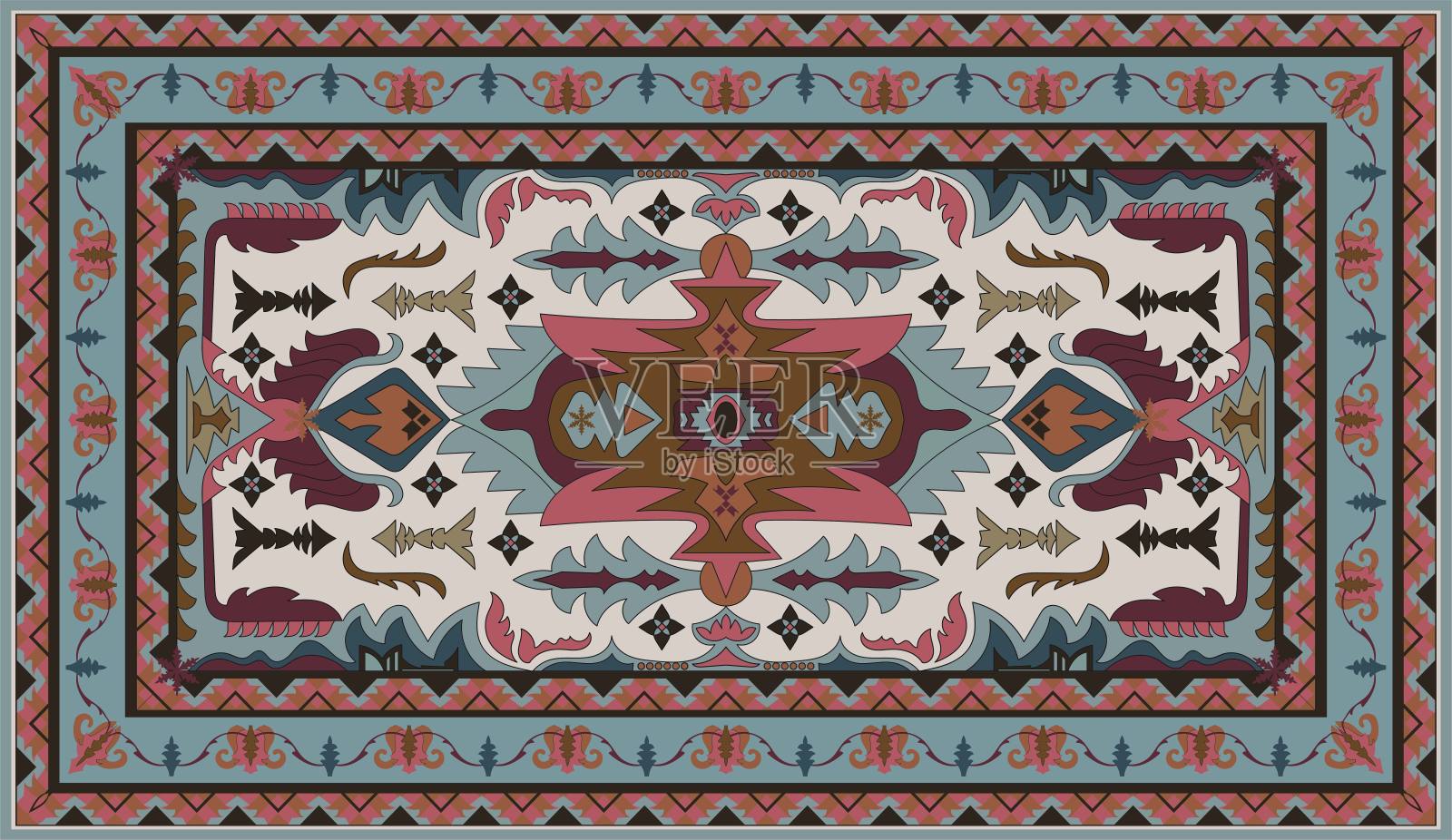 彩色装饰矢量设计的地毯，tapis，瑜伽垫。几何民族剪贴画。带有装饰元素的阿拉伯装饰地毯。波斯地毯插画图片素材