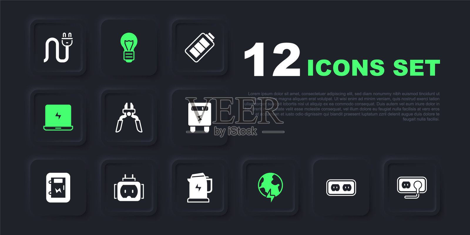 设置电源插座，钳子工具，全球星球与雷电，笔记本电脑，三通插头电，创意灯的想法和水壶的图标。向量插画图片素材