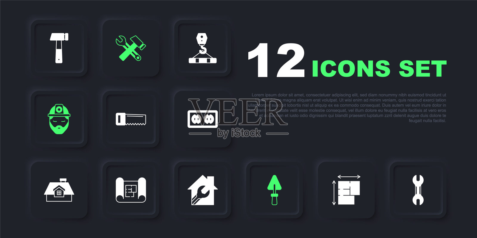 设置房屋计划，扳手扳手，手锯，镘刀，建设者，锤子扳手和图标。向量插画图片素材