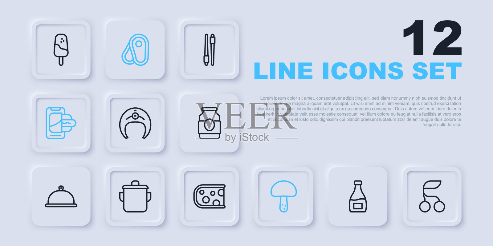 设定线酱汁瓶，新鲜浆果，鱼牛排，蘑菇，移动食品订购，烹饪锅，牛排肉和奶酪图标。向量插画图片素材