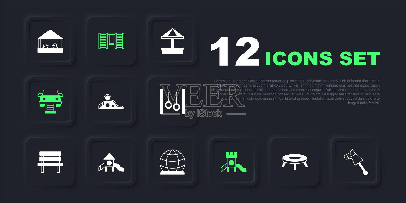 集跳跃蹦床，玩具马，滑梯游乐场，摇摆车，瑞典墙和游乐场攀登设备图标。向量插画图片素材