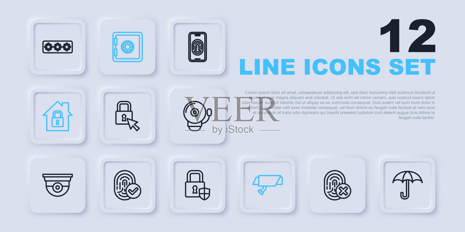 设置线取消指纹，伞，锁，安全摄像头，受保护的房子，指纹，安全和盾牌安全与锁图标。向量插画图片素材