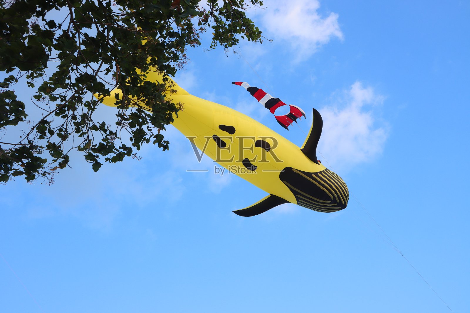 在越南芹苴市晴朗的夏日，气球黄色的鲨鱼风筝在蓝色的天空中飞翔。照片摄影图片