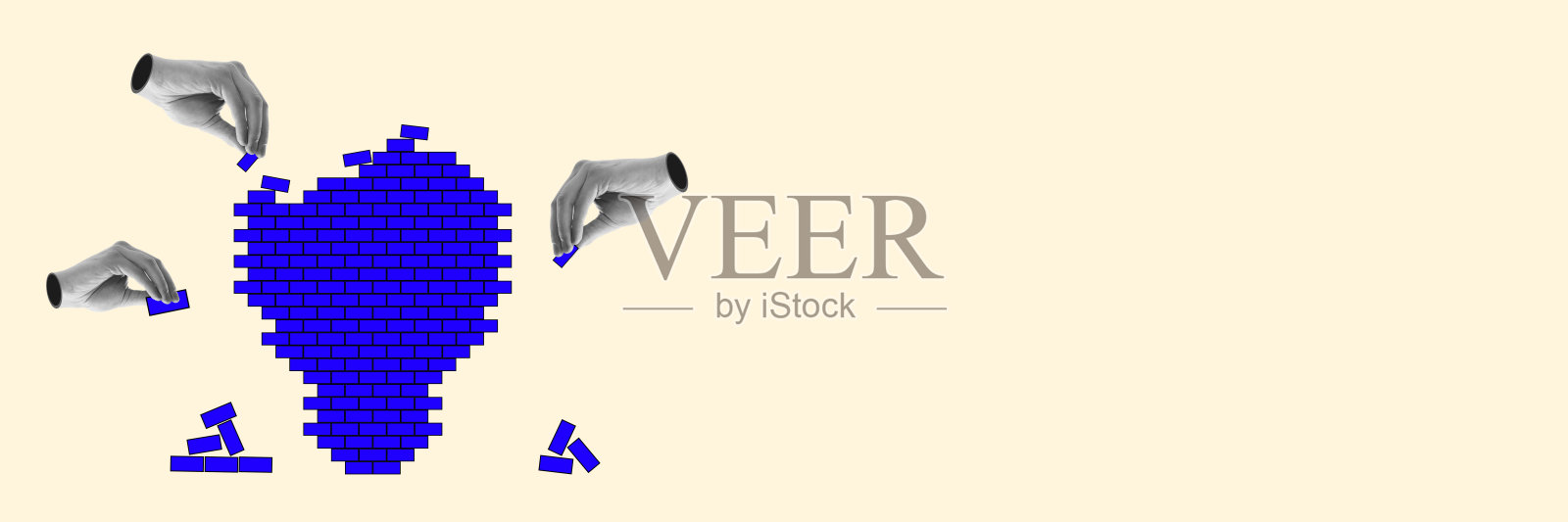 人类的双手用砖块制作灯泡。团队合作，以创新的方式发展业务。当代艺术拼贴。照片摄影图片