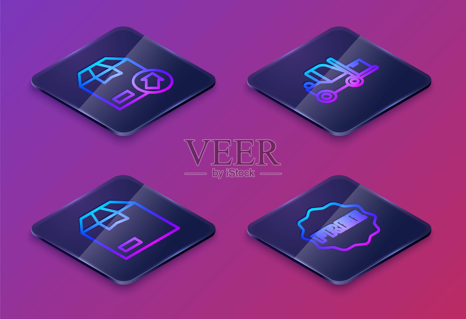 设等距线纸箱、纸箱、叉车、吊牌免费。蓝色方形按钮。向量插画图片素材