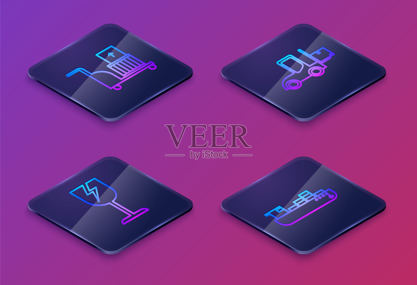 集等距线电动手推车及箱包、易碎玻璃标志、叉车及货船带箱配送服务。蓝色方形按钮。向量插画图片素材