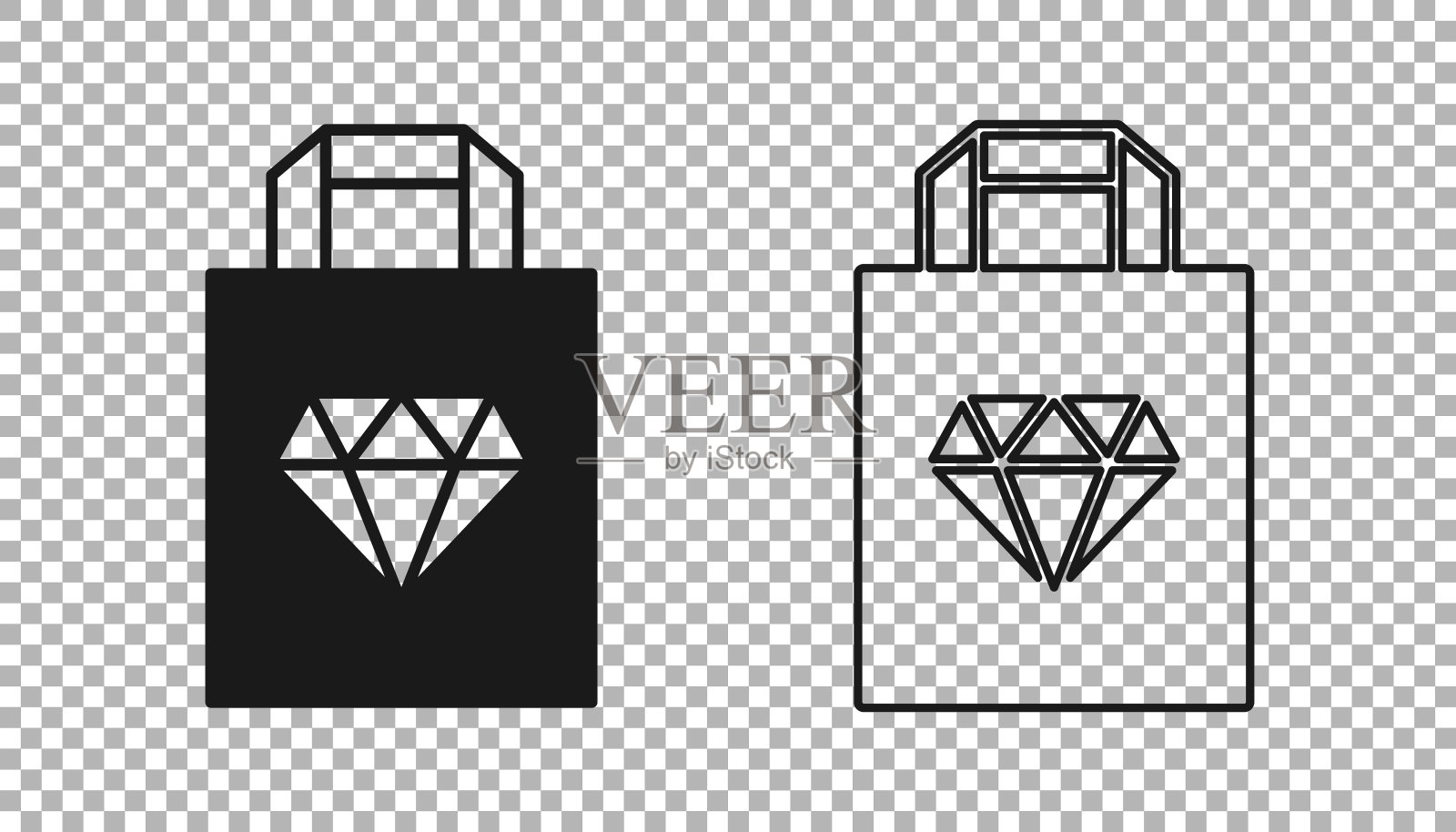 黑色购物袋珠宝图标隔离在透明的背景。向量插画图片素材