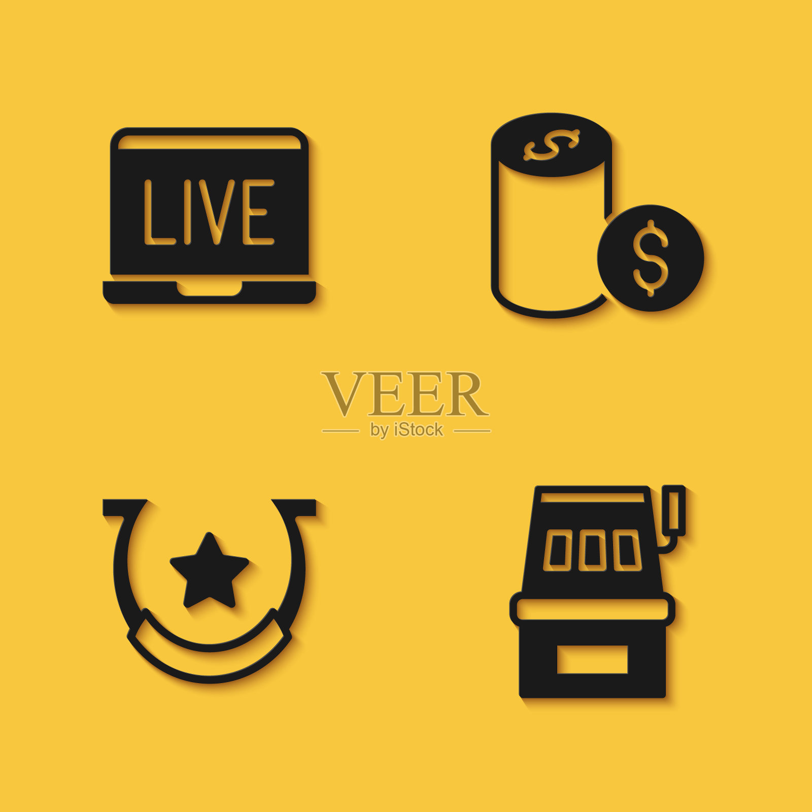 设置在线扑克桌游戏，老虎机，马蹄铁和赌场芯片与美元图标长阴影。向量插画图片素材