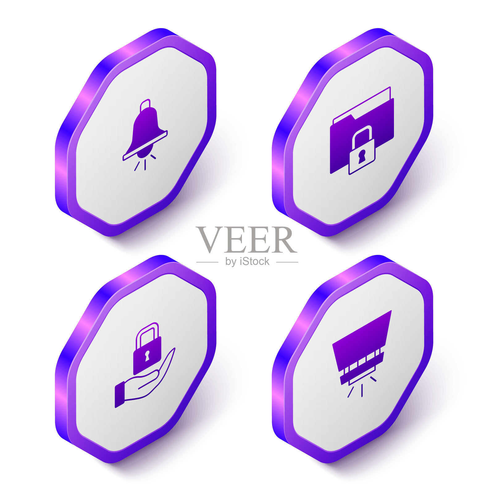设置等距报警铃声，文件夹和锁，锁和消防喷淋系统图标。紫色六边形按钮。向量插画图片素材