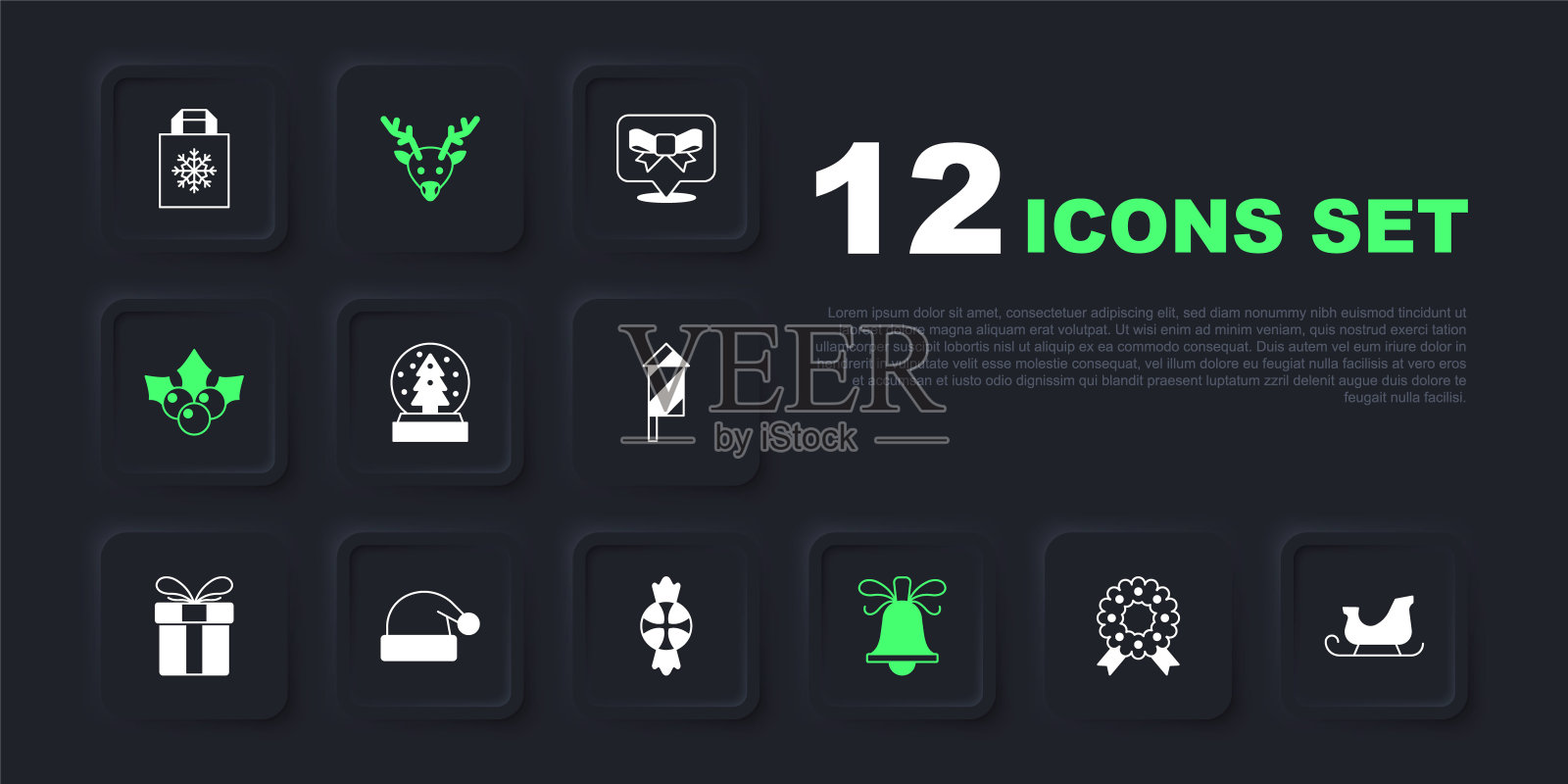 集圣诞花环，圣诞老人雪橇，雪花玻璃球，响铃，viburnum树枝，圣诞老人帽子，驯鹿和糖果图标。向量插画图片素材