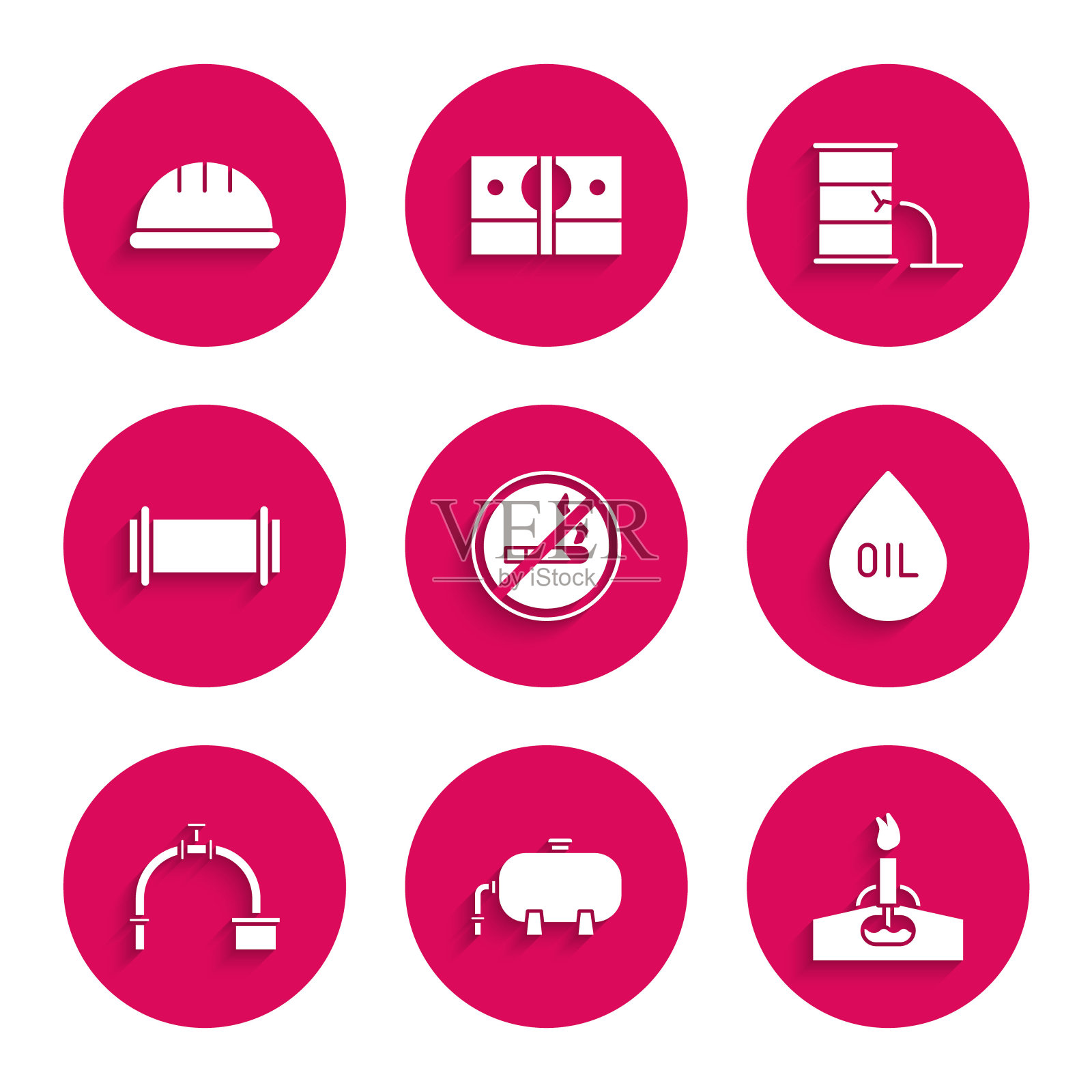 设置禁止吸烟，石油工业厂房，钻机有火，下降，工业管道和阀门，桶油泄漏和工人安全帽标志。向量插画图片素材