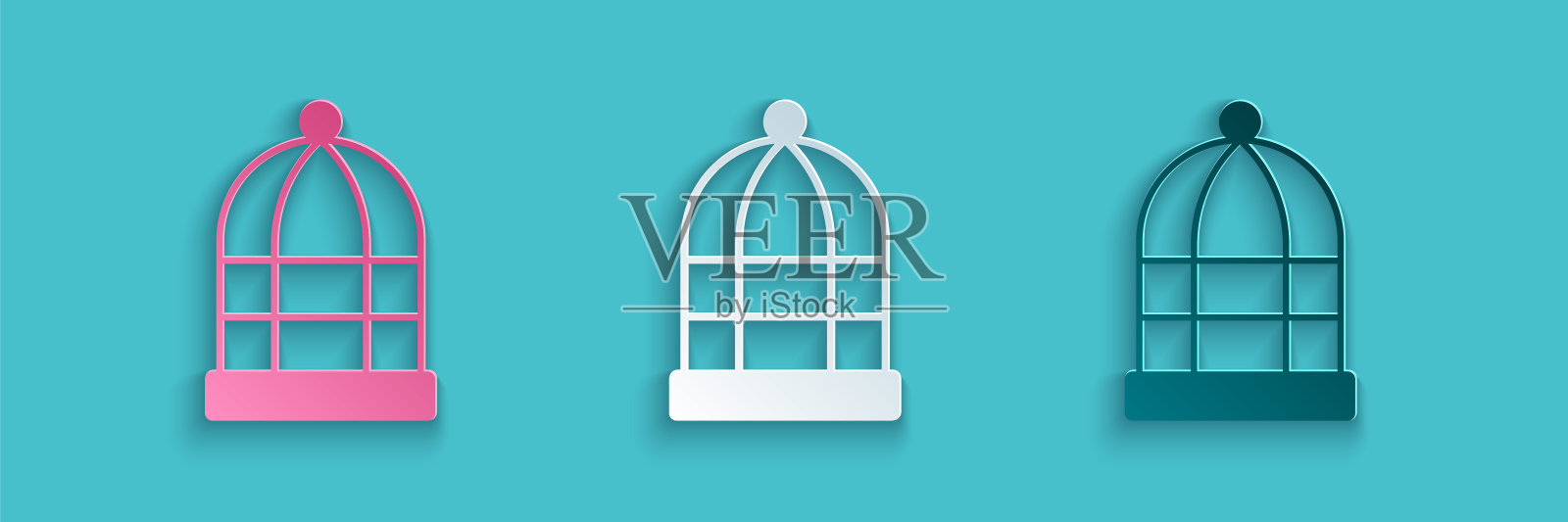 剪纸鸟笼图标隔离在蓝色背景。纸艺风格。向量插画图片素材