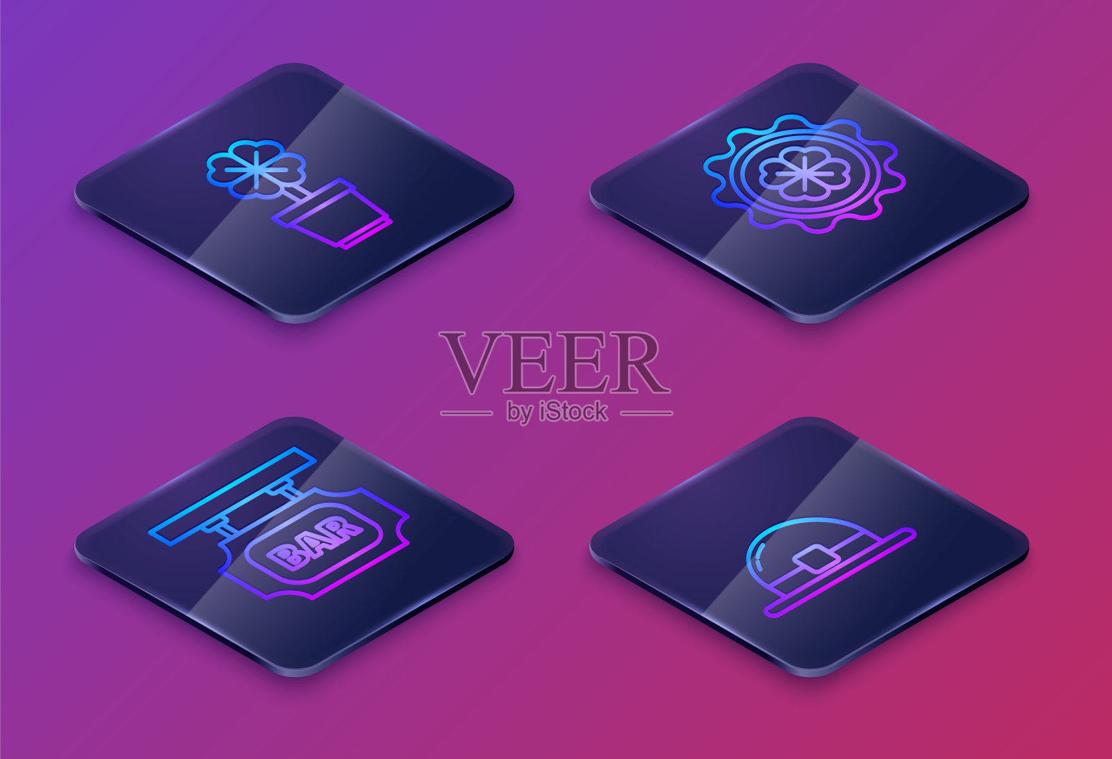 设置等距线四叶三叶草在锅，街道招牌与铭文酒吧，瓶盖与四叶三叶草和小妖精的帽子。蓝色方形按钮。向量插画图片素材