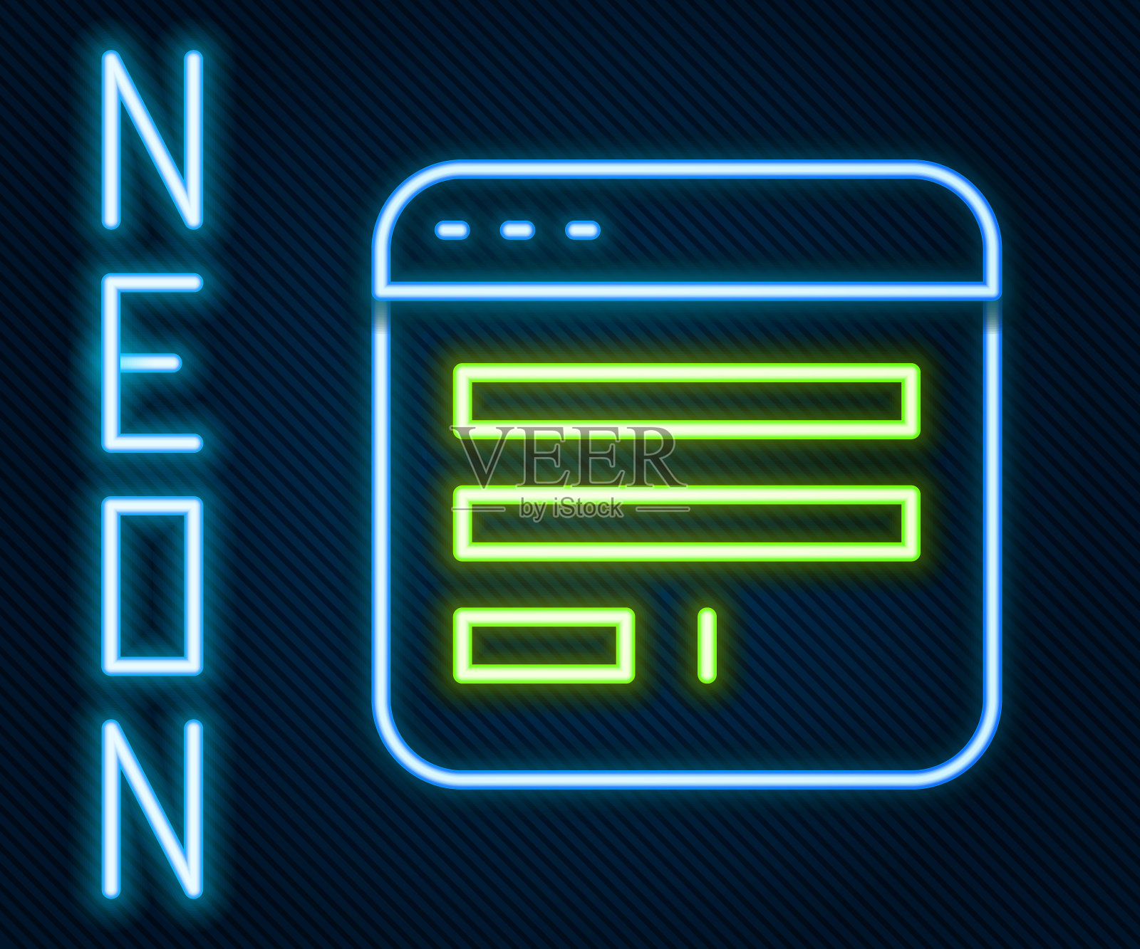 发光的霓虹线浏览器窗口图标孤立的黑色背景。色彩缤纷的轮廓概念。向量插画图片素材