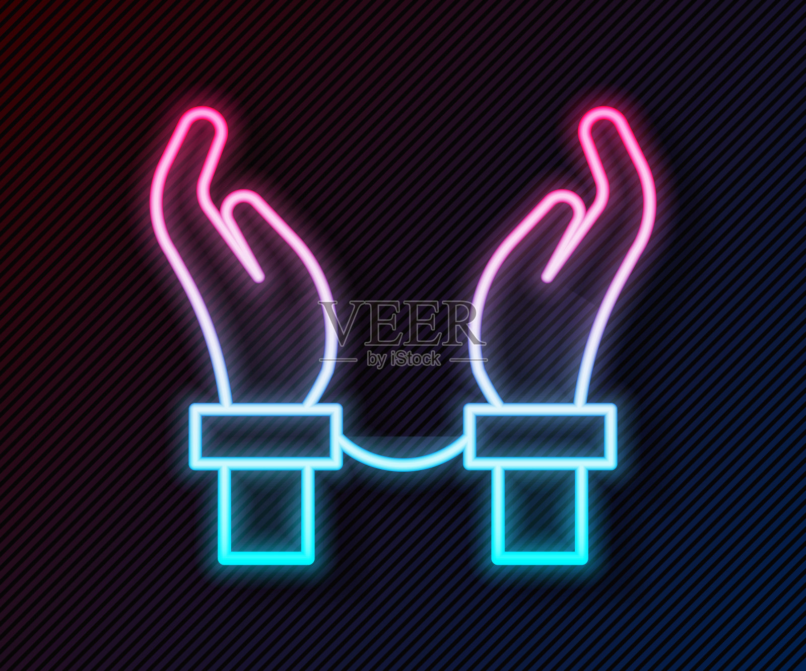 发光的霓虹灯线手铐上的罪犯男子图标孤立在黑色背景。被捕男子戴上手铐。一个犯罪、逮捕、商业和腐败的概念。向量插画图片素材