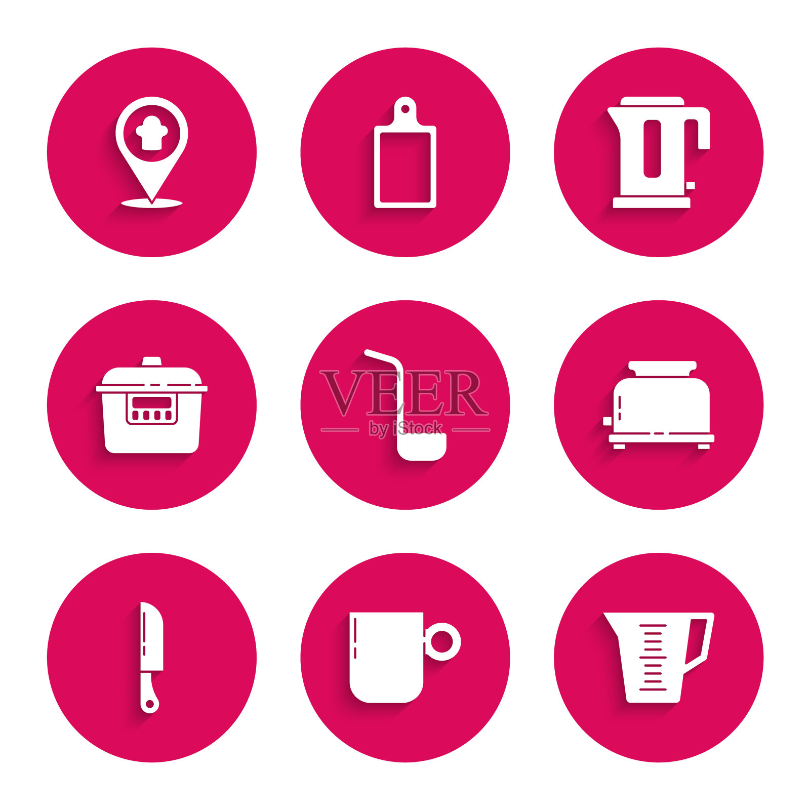 设置厨房勺子，咖啡杯，测量，烤面包机，刀，慢炖锅，电热水壶和厨师帽与位置图标。向量插画图片素材