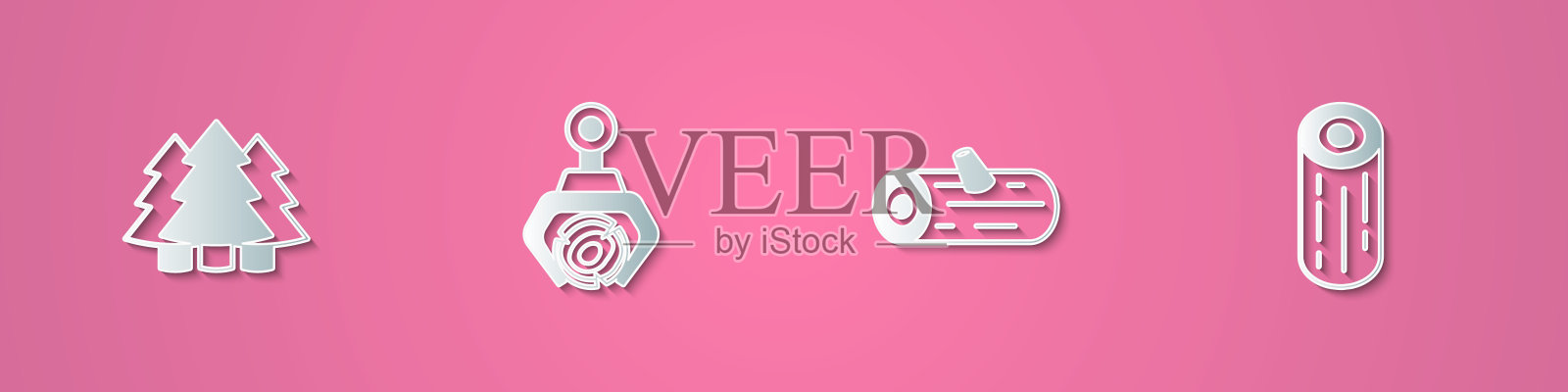 集剪纸圣诞树，抓吊车抓原木，木质原木和图标。纸艺风格。向量插画图片素材