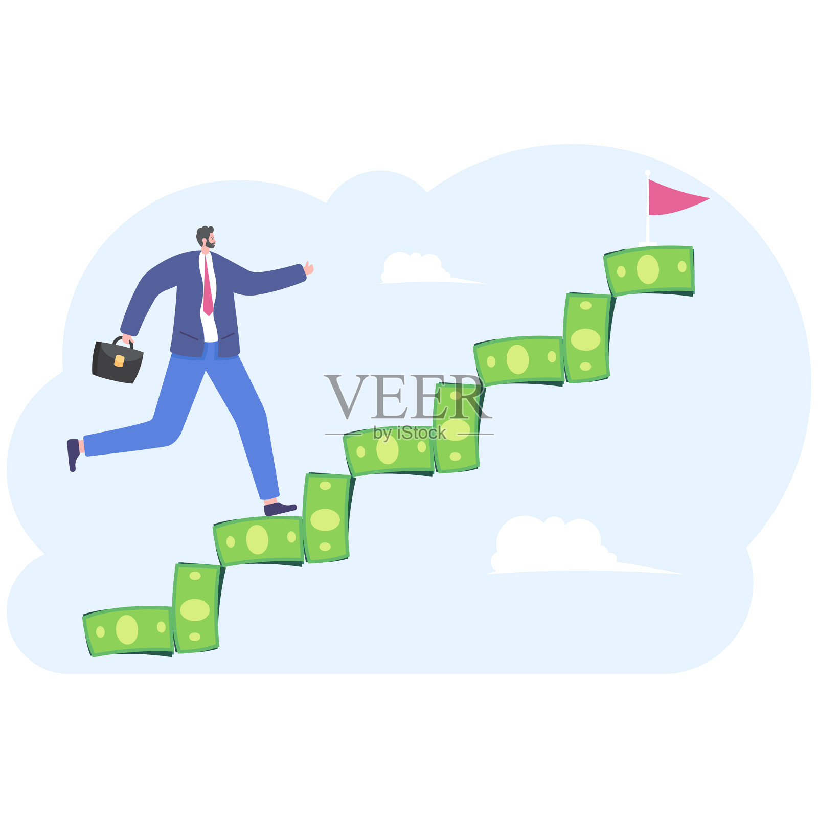 商人走在金钱阶梯上，插画图片素材