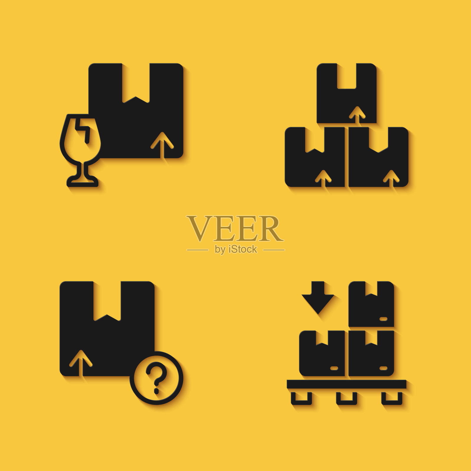 集易碎物品包装盒，纸箱托盘，纸箱纸板和长阴影图标。向量插画图片素材