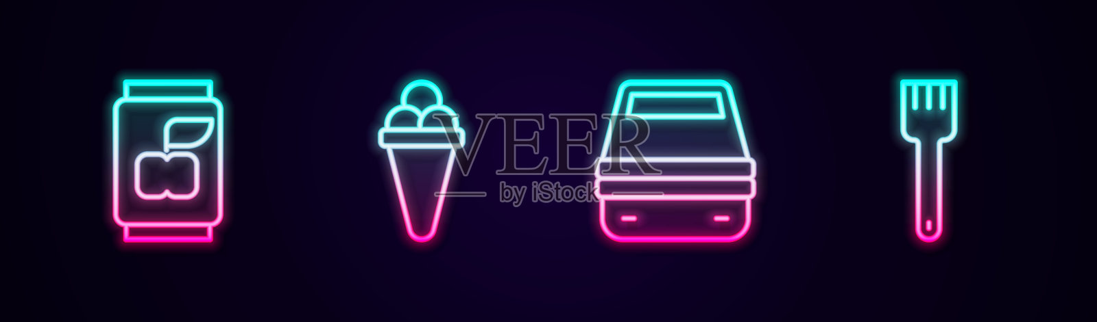 设定好饮料罐，华夫饼冰淇淋，午餐盒和餐叉。发光的霓虹灯图标。向量插画图片素材