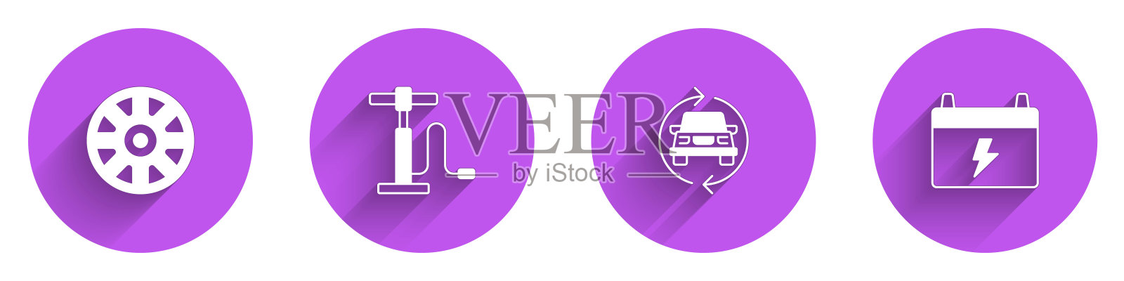 车用合金轮毂，车用气泵，服务及电池长影图标。向量插画图片素材