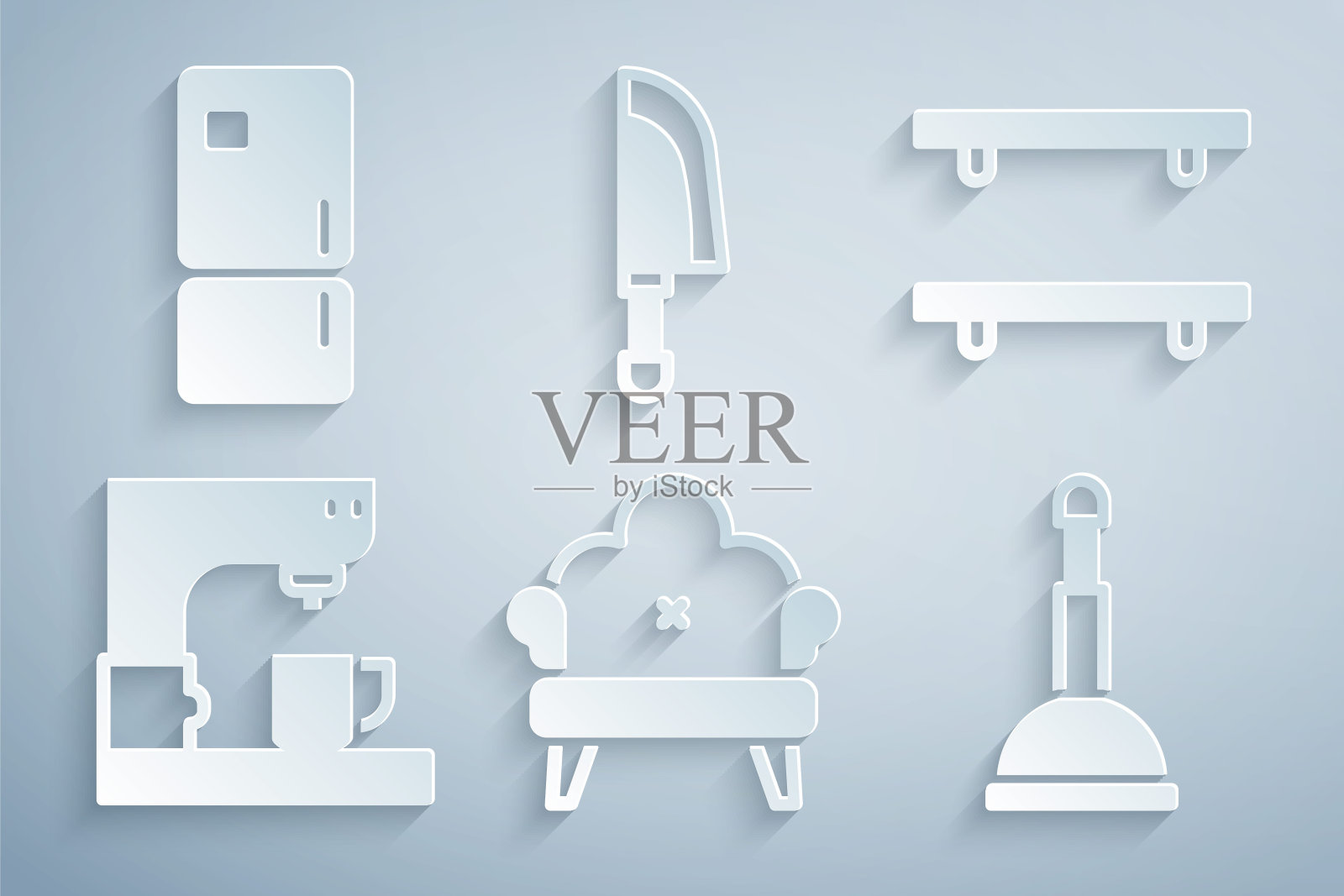 集沙发，空木架子，咖啡机，橡胶柱塞，刀和冰箱图标。向量插画图片素材