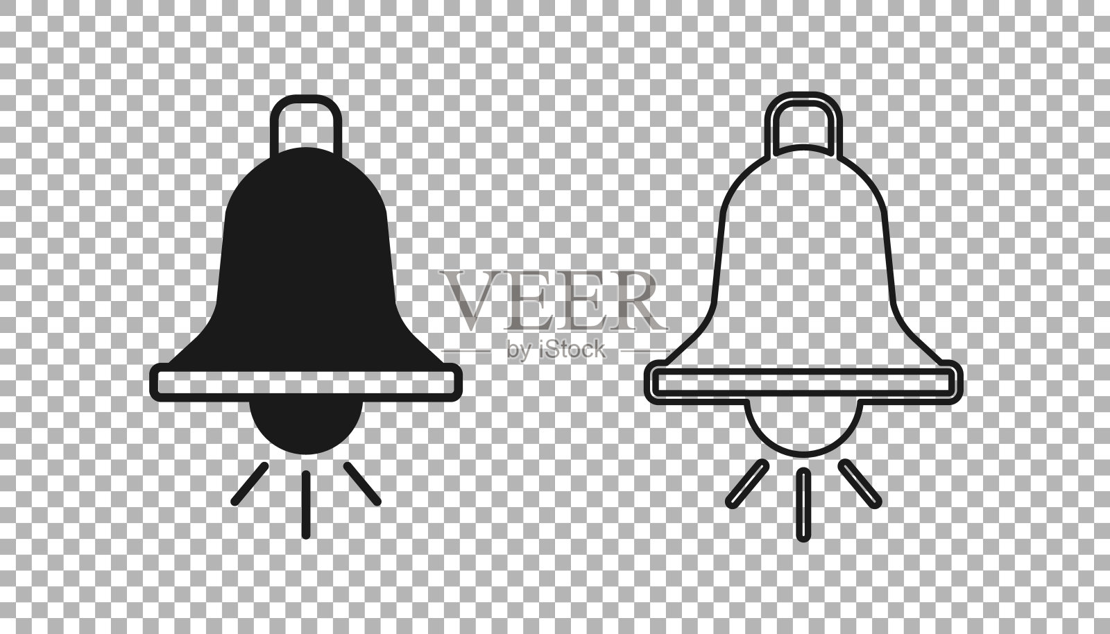 黑色响闹钟图标隔离在透明的背景。火灾报警系统。服务铃、手铃标志、通知标志。向量插画图片素材