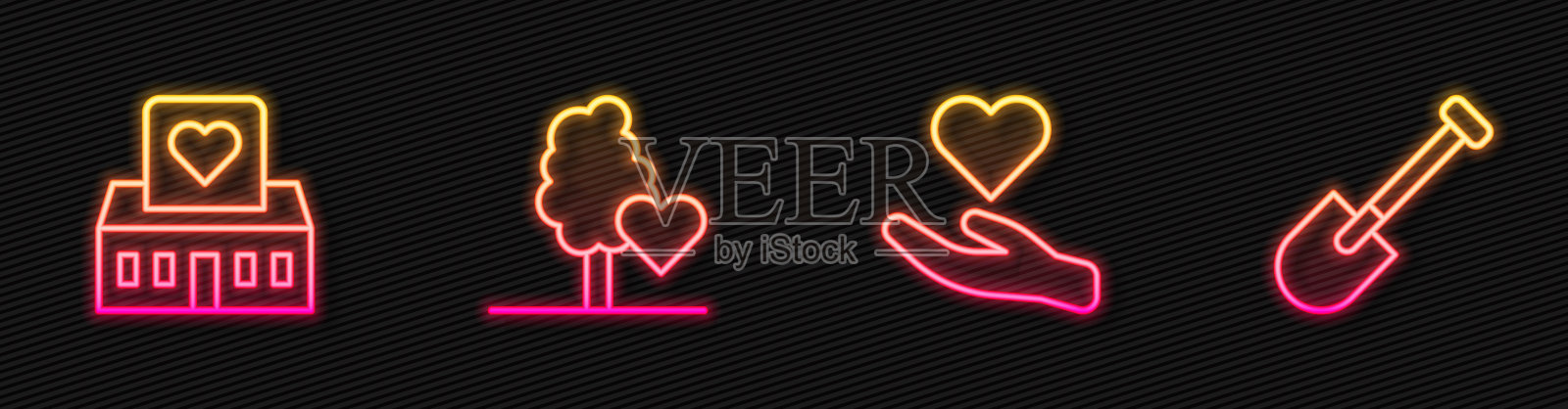 心在手，志愿者中心，团队植树和铲。发光的霓虹灯图标。向量插画图片素材