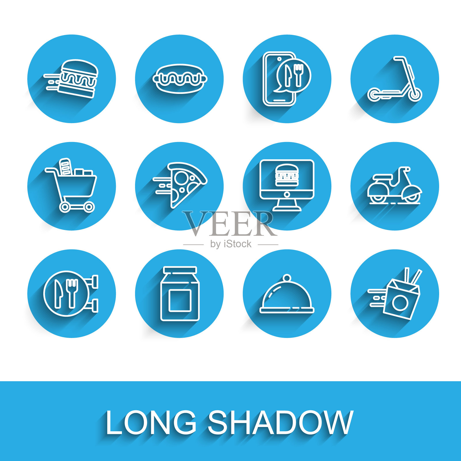 设置线咖啡馆和餐厅的位置，在线订购送货，汉堡，覆盖与食物托盘，面条，披萨，摩托车和图标。向量插画图片素材