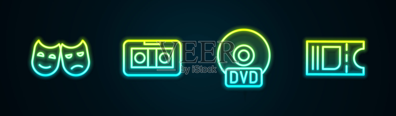 喜剧和悲剧面具，VHS录像带，CD或DVD光盘和电影票。发光的霓虹灯图标。向量插画图片素材