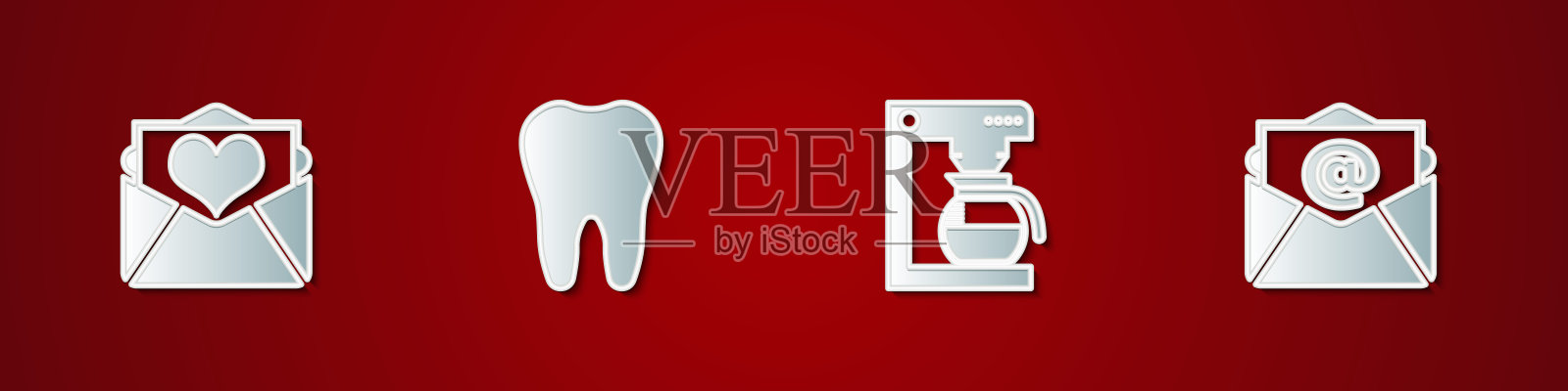 设置信封与情人节的心，牙齿，咖啡机壶和邮件和电子邮件图标。向量插画图片素材