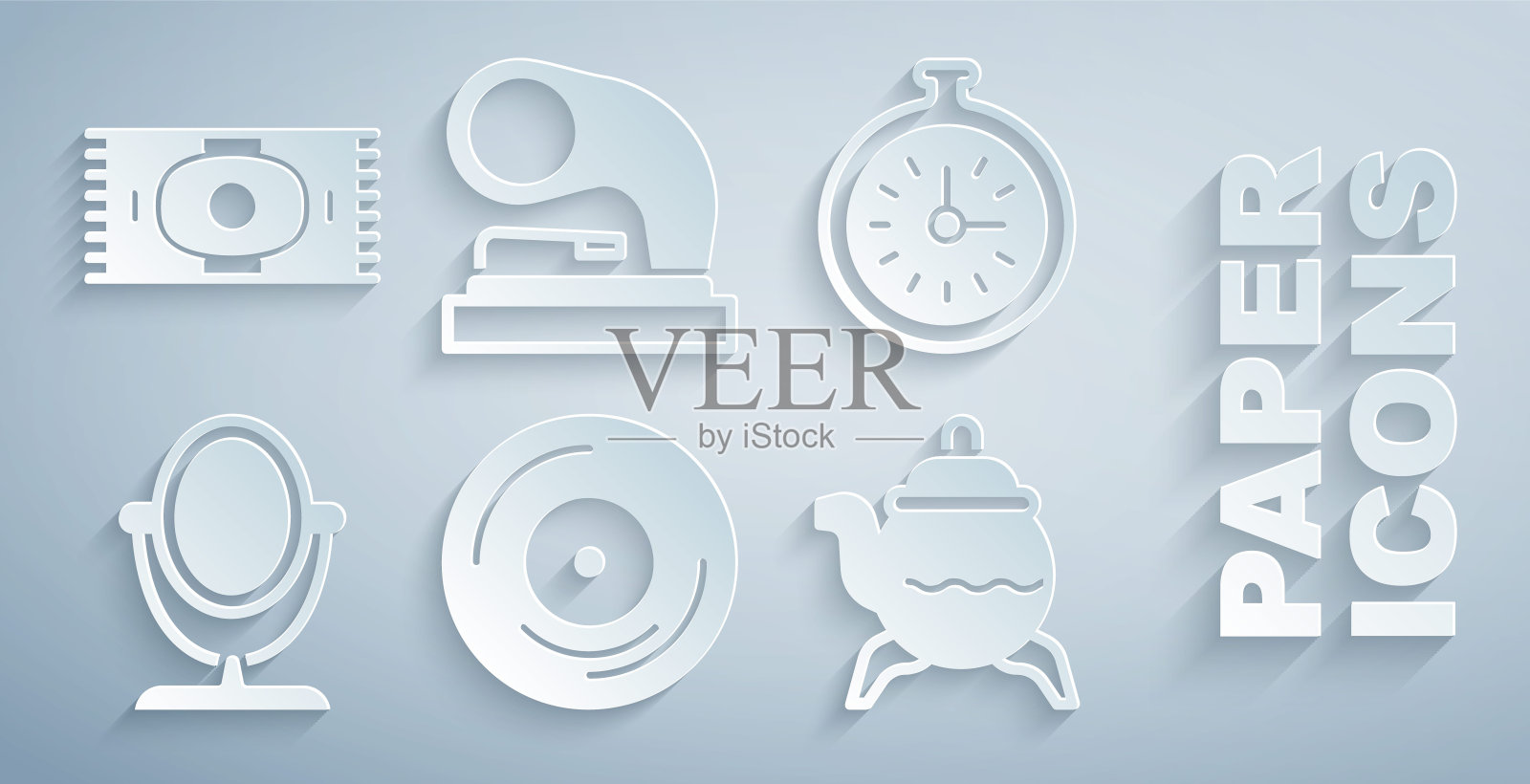 集乙烯基磁盘，怀表，圆化妆镜，经典茶壶，旧留声机和地毯图标。向量插画图片素材