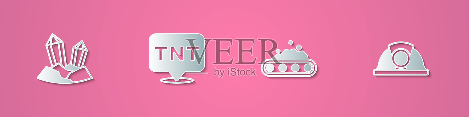 集剪纸宝石石，炸药，传送带载煤和矿工头盔图标。纸艺风格。向量插画图片素材