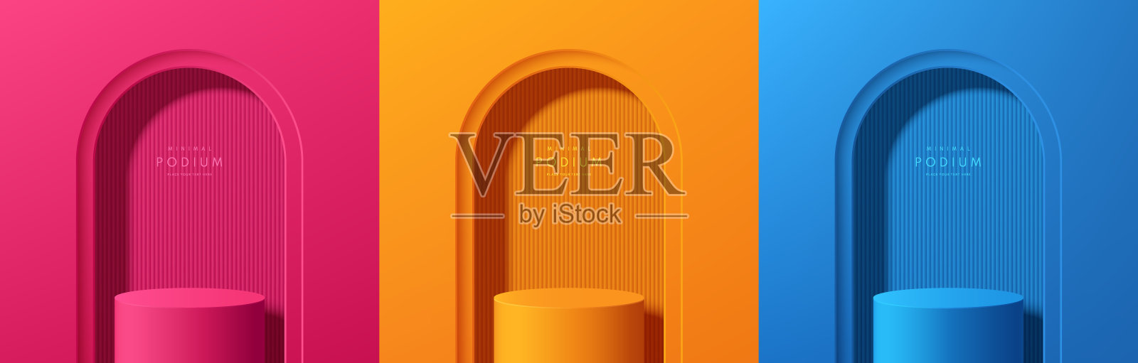 一套粉红色，橙色和蓝色逼真的3D圆柱裙楼产品背景在拱门墙的场景。最小样机产品舞台展示，横幅推广展示。抽象的矢量几何形式。插画图片素材