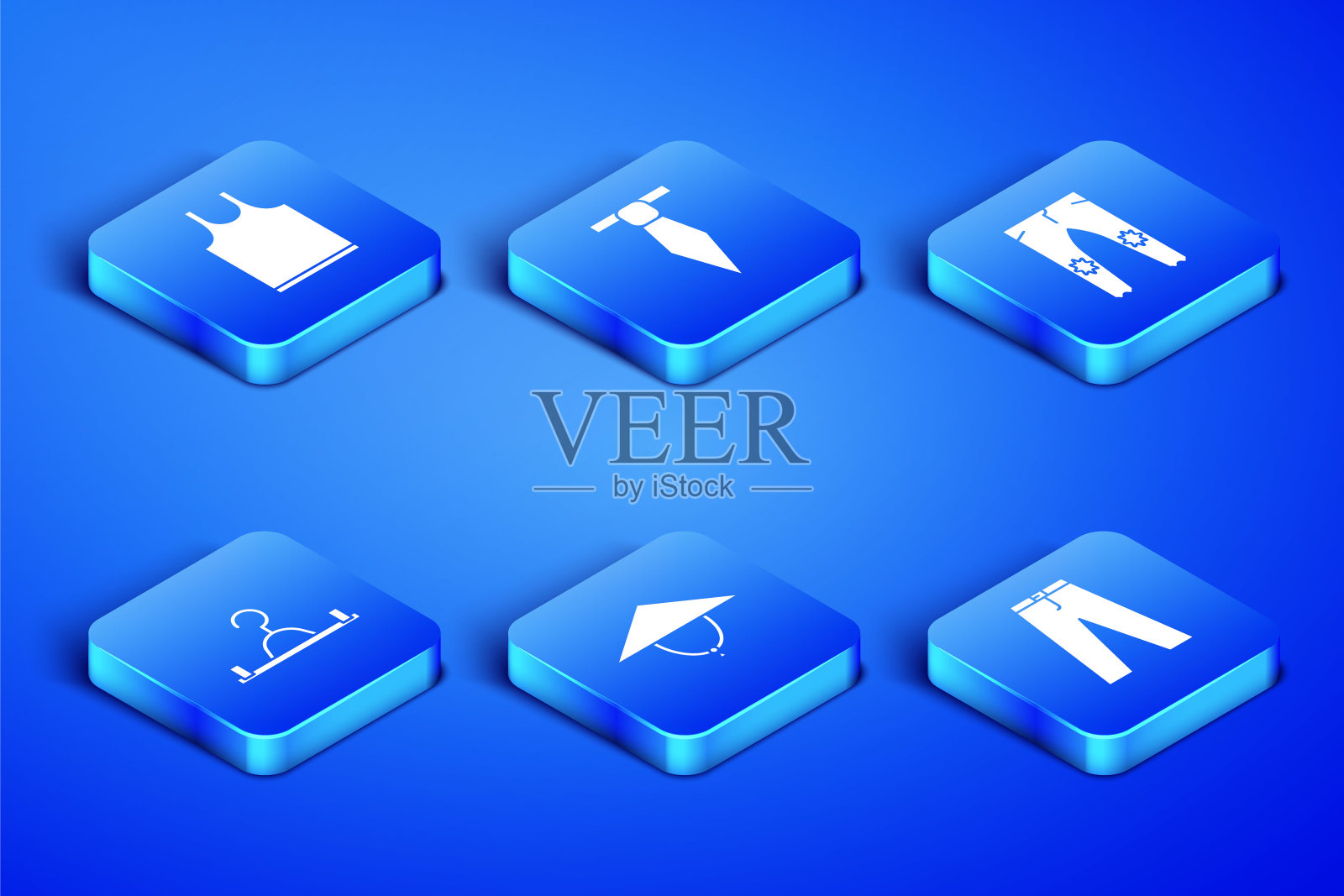 套装裤子，无袖t恤，亚洲锥形帽，衣架衣橱，领带和图标。向量插画图片素材