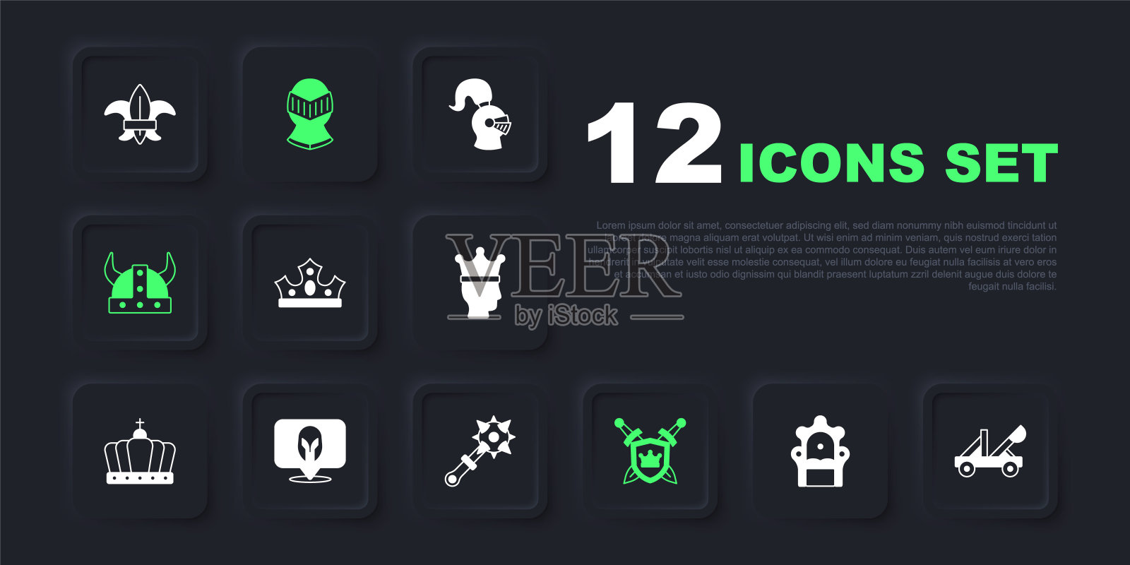 设置中世纪的宝座，弹弓，国王王冠，盾牌与剑，维京角盔，和狼牙棒钉图标。向量插画图片素材