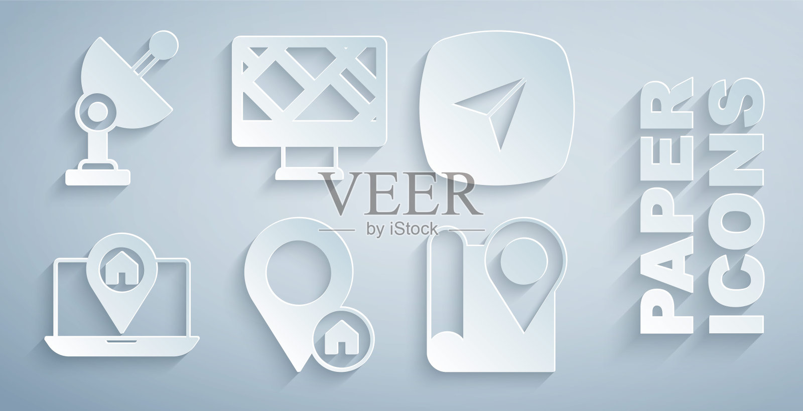 设置位置与房子，城市地图导航，折叠位置标记，监视器和雷达图标。向量插画图片素材