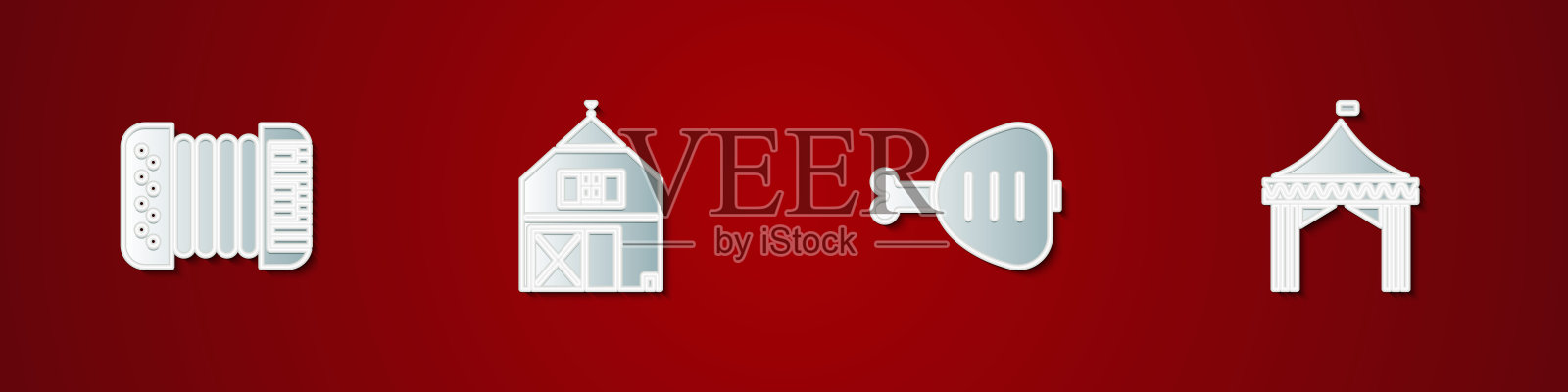 集手风琴，农场的房子，鸡腿和露营帐篷的图标。向量插画图片素材