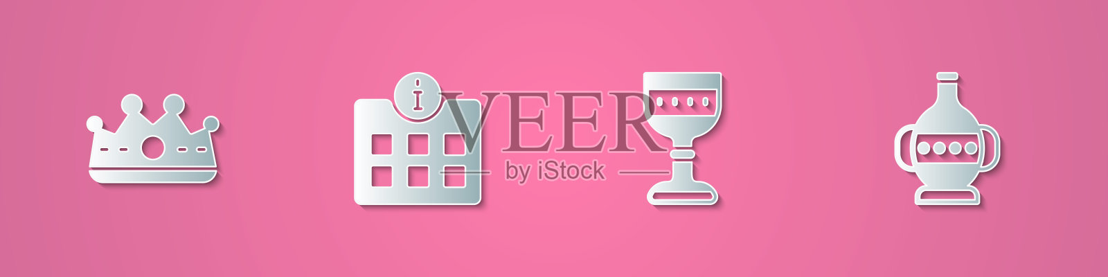 集剪纸国王王冠，信息，中世纪高脚杯和古代双耳罐图标。纸艺风格。向量插画图片素材