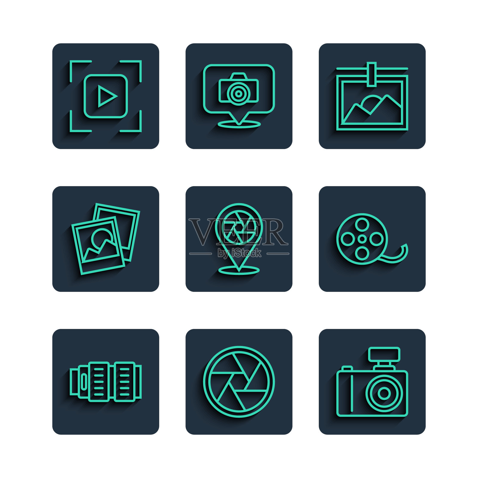 集线相机照片镜头，快门，相机，框架，对焦线和电影卷轴图标。向量插画图片素材